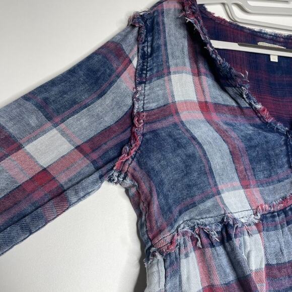 GB Womens Top Size S Blue Plaid Long Sleeve V-Neck Casual Pullover Blouse - Picture 10 of 12